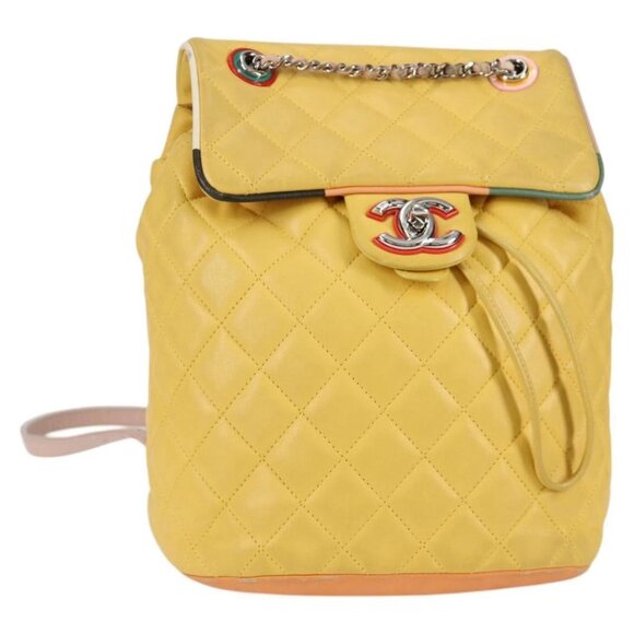 CHANEL Matelasse Backpack Lamb Skin Yellow Silver CC Auth 118937M - Picture 1 of 16